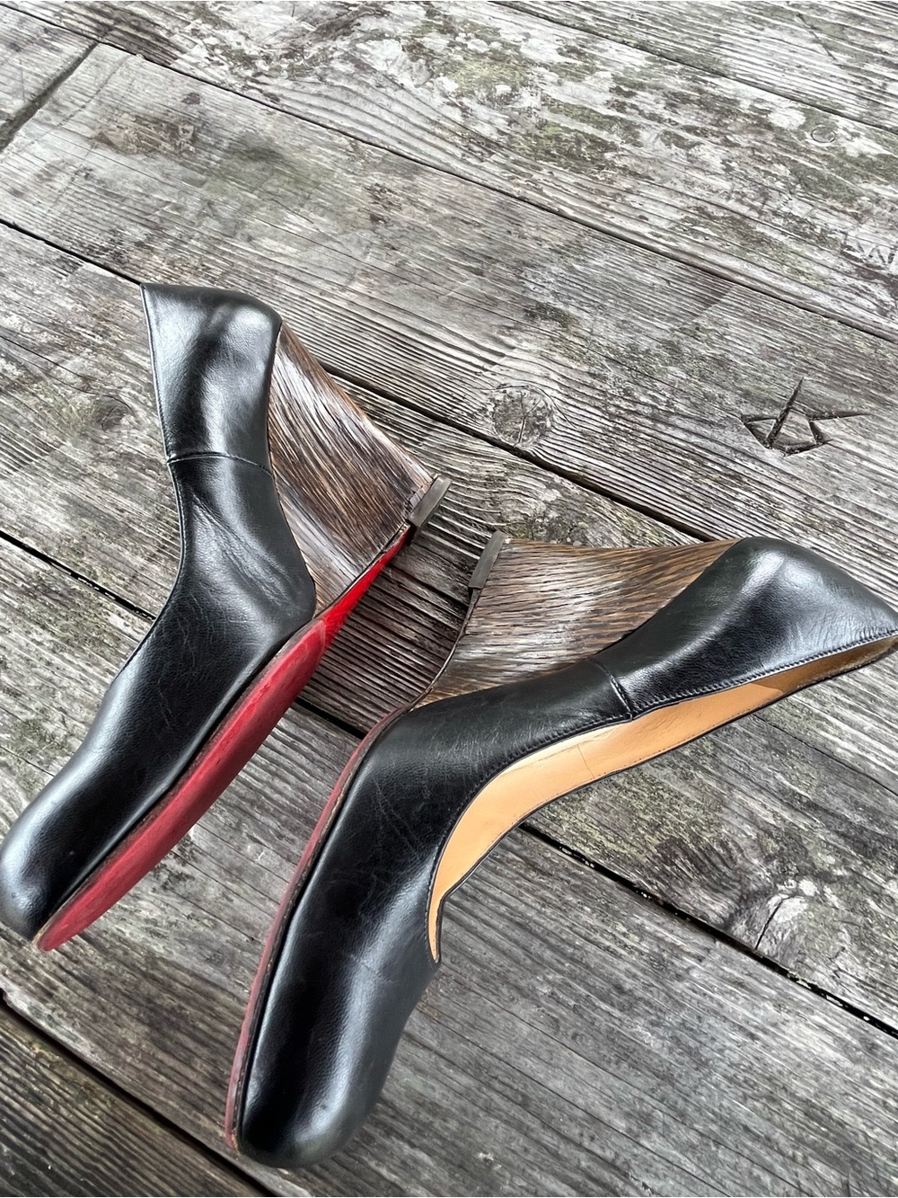 Christian Louboutin Black Leather Wedge Pumps with Red Soles good cond sz 8